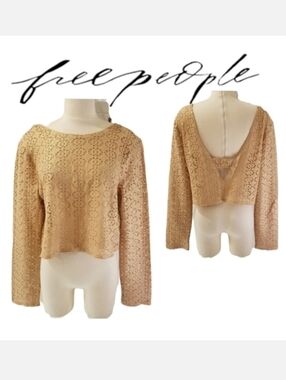 Free People Beach Metallic Gold Lurex Long Sleeve Cut Out Crochet Crop Top Sz L